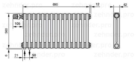 Схема (чертеж) Радиатор Zehnder Charleston 2056/15 №V001 Белый глянцевый RAL 9016